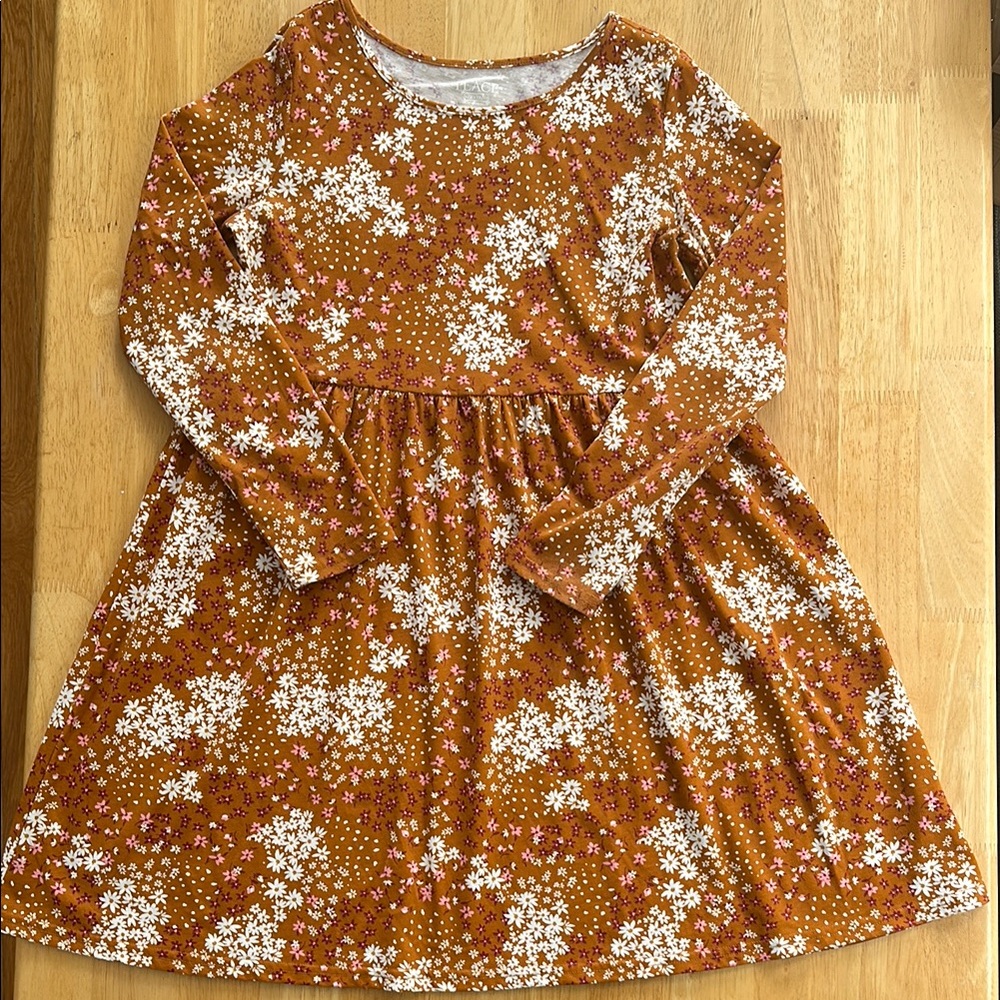 The Children's Place Floral Long Sleeve Kids Dress, Brown and White, size 10/12